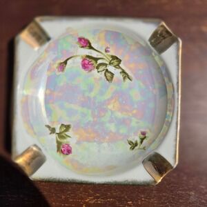 Norcrest Jap.Moss Rose Iridescent Lusterware Porcelain Ashtray Vintage MK-1 Gold